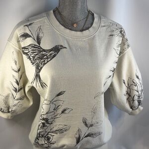 Anthropologie Pilcro Cream with black print Flowers & Birds sweet sweatshirt XS